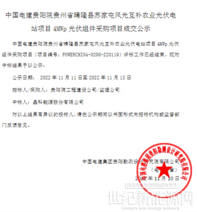 晶科能源中标中国电建贵州晴隆苏家屯风光互补4MWp光伏组件采购项目