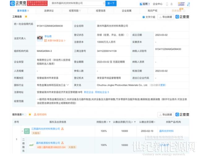 晶科能源于滁州投资新设光伏材料公司，注册资本1亿元